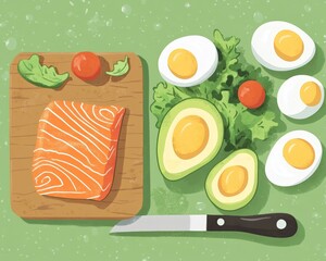 Flat lay composition of salmon avocado boiled eggs and tomatoes on a green background with a knife