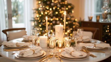 A round dining table, adorned with a white marble top, is elegantly arranged for a festive gathering, surrounded by soft candlelight and decorated for the season