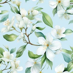 Wall Mural - Delicate white flowers and green leaves set against a soft blue background create a calming and elegant design, perfect for wallpapers, invitations, or spring-themed decorations,