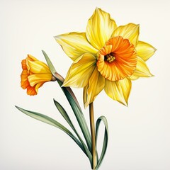 Wall Mural - A beautifully detailed illustration of two blooming yellow and orange daffodils against a white background, perfect for spring-themed designs, botanical art prints, or floral greeting cards,