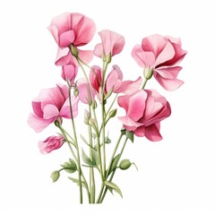 Wall Mural - A watercolor illustration of pink sweet pea flowers on white background, ideal for botanical prints, greeting cards, invitations, wedding decor, or floral-themed designs,