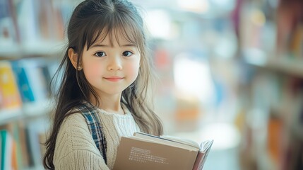 Sticker - a little girl holding a book in a library