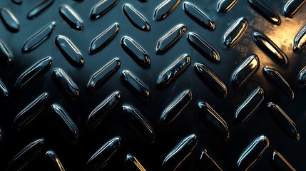 A close-up of a black metal surface with a diamond pattern. The surface is reflective and shows light reflecting off of it.