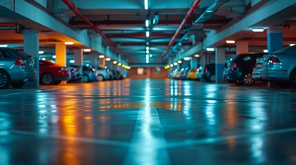 Poster - a parking garage with cars