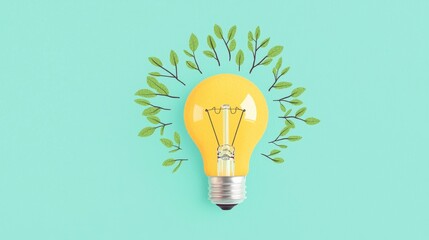 Poster - Green Light Bulb and Leaves on Blue Background