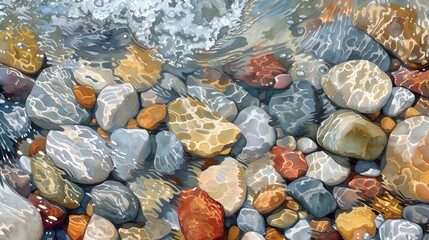 Poster - Depiction of pebbles under a clear stream in pastel tones AI generated illustration