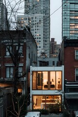 Poster - Detailed view of a small urban house featuring a minimalist style surrounded by city buildings AI generated illustration