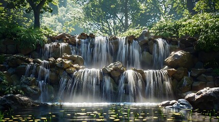 Canvas Print - A serene waterfall cascading over rocks, surrounded by lush greenery and reflecting light on a calm pond.