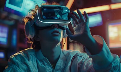 Young man using virtual reality headset. VR, future, gadgets, technology concept. 