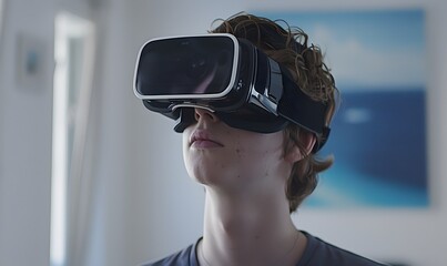 Wall Mural - Young man using virtual reality headset. VR, future, gadgets, technology concept. 