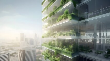 Wall Mural - Eco-conscious office tower with terraces converted into vegetable gardens AI generated illustration