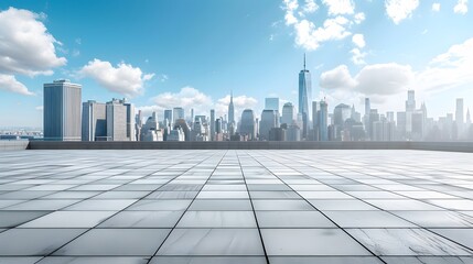 Poster - Empty square floor under the open sky juxtaposed with the city skyline in the background AI generated illustration