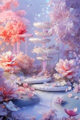 Wall Mural - Enchanted 3D garden with abstract pastel flowers and magical elements AI generated illustration