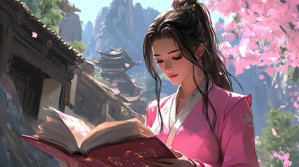 Woman reading a book in a traditional Asian setting with cherry blossoms falling around her.