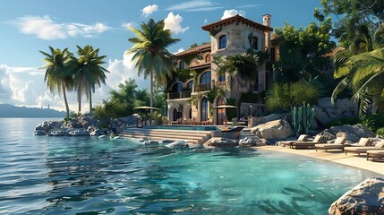 Sticker - A luxurious waterfront villa surrounded by palm trees and clear water, perfect for relaxation and leisure.