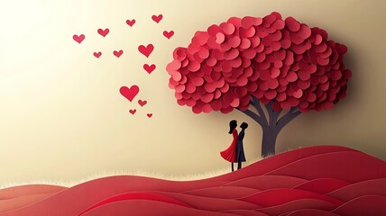 illustration of love and valentine day two enamored under a love tree,paper 3d from digital craft.