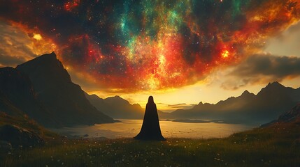 Wall Mural - Solitary Figure Gazing at a Starry Sky Over Mountains.