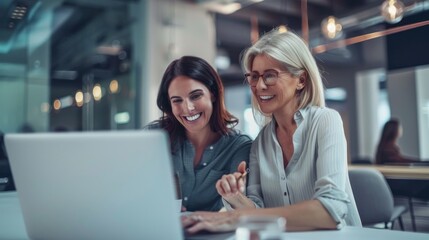 Aufkleber - In a vibrant workspace, two women exchange smiles as they collaborate on a laptop, embracing the joy of teamwork and shared creativity amidst a contemporary setting