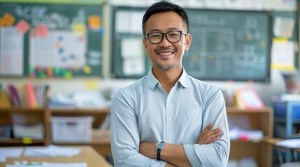 Poster - A cheerful educator stands confidently with crossed arms in a lively classroom, showcasing an atmosphere of encouragement and creativity, perfect for inspiring young minds