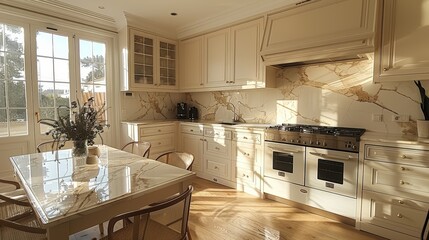 Wall Mural - Bright and elegant kitchen with marble accents and wooden furniture in a sunlit home during the afternoon