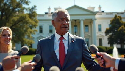 Wall Mural - An African American senator speaks confidently to the press in front of the White House, showcasing authority.	