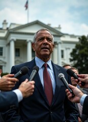 Wall Mural - An African American senator speaks confidently to the press in front of the White House, showcasing authority.	