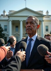 Wall Mural - An African American senator speaks confidently to the press in front of the White House, showcasing authority.	