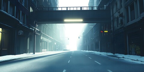 Poster - Snowy City Street with Fog and Overpass