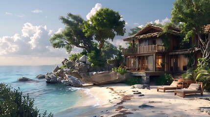 Poster - A serene beachside villa surrounded by lush trees and rocks, offering a peaceful retreat by the ocean.