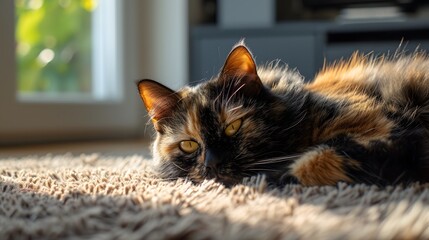 Wall Mural - Filtered image of a tortoiseshell cat lounging on a shaggy rug AI generated illustration