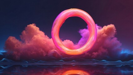 Sticker - Vibrant neon ring in orange and pink around an iridescent cloud, set against a dark blue background