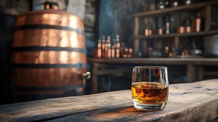 A glass of whiskey in old oak barrel. Copper alambic on background. Traditional alcohol distillery concept. copy space for text.