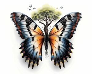 Canvas Print - Butterfly and tree organic and symbolic design pastel background color pencil style more clarity with clear light and sharp focus high detailed