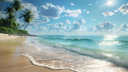 Sticker - A serene beach scene with gentle waves, palm trees, and a bright sky, evoking relaxation and tranquility.