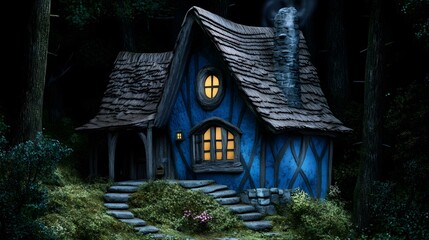 Poster - Blue Cottage in the Forest at Night