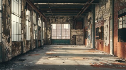  Abandoned Industrial Building Interior with Sunlight Streaming Through Windows