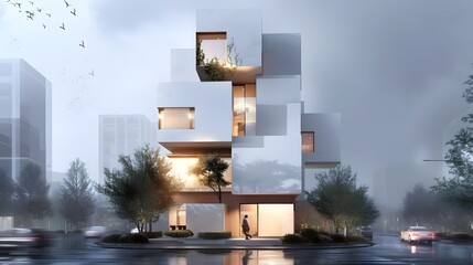 Wall Mural - Geometrically fascinating cube house in a modern cityscape AI generated illustration