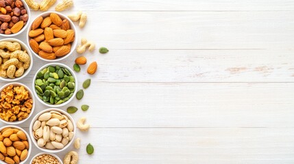 Variety of nuts, seeds, and dried fruits in small white bowls arranged on a light wooden background, perfect for healthy snacking. Nutrition, energy.