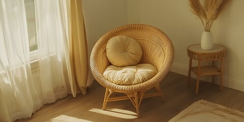 Wall Mural - Wicker Chair With Cushions And Beige Rug In A Sunny Room