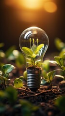 Wall Mural - bright light bulb with home green leaves and plants. for the concept of renewable clean energy