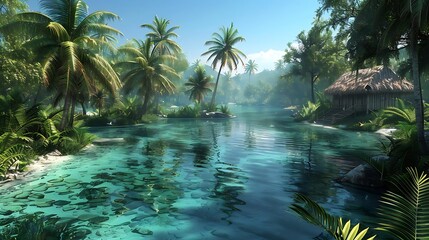 Sticker - A serene tropical landscape featuring a clear river surrounded by lush palm trees and vibrant greenery.