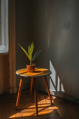 Wall Mural - Sunlight Streaming Through Window On Wooden Table With Potted Plant