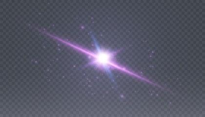 Poster - Abstract purple glare bright light PNG effect with glare and sparkles on transparent background. Vector 10 EPS