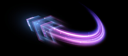 Leinwandbilder - Light effect of high-speed movement of the speed of light along a curved trajectory. Dynamic movement of the high-speed arrow of light energy. 