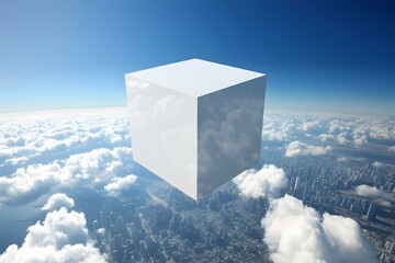 White Cube Floating Above City Clouds