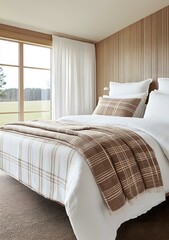 Wall Mural - Modern Bedroom Interior Design with White Bed and Brown Plaid Blanket