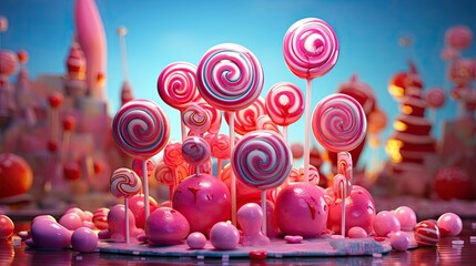 Poster - bright sweet candies and lollipops on a pink background.  