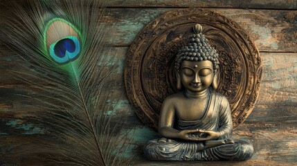 Buddha statue with wooden background and peacock featherwallpaper image with peacock feather and smiling buddhapeaceful image of buddha meditating with wooden backdrop , ai