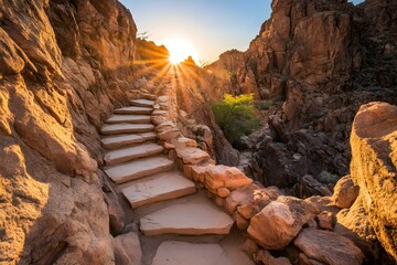 Poster - Stone Steps Leading Up To Mountain Peak With Sunset