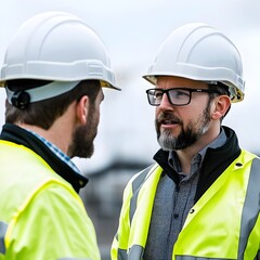 Wall Mural - Two Engineers in Protective Gear Discussing Construction Site Innovations